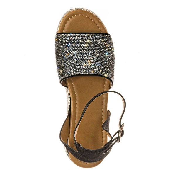 NEW Bling Silver Rhinestone Peep Toe Flat Platform Wedge Heel Sandal Ankle Strap - Picture 9 of 12